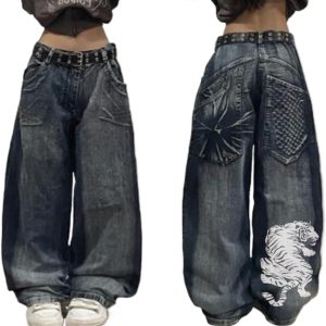 Unisex Skeleton Print Baggy Jeans One Size