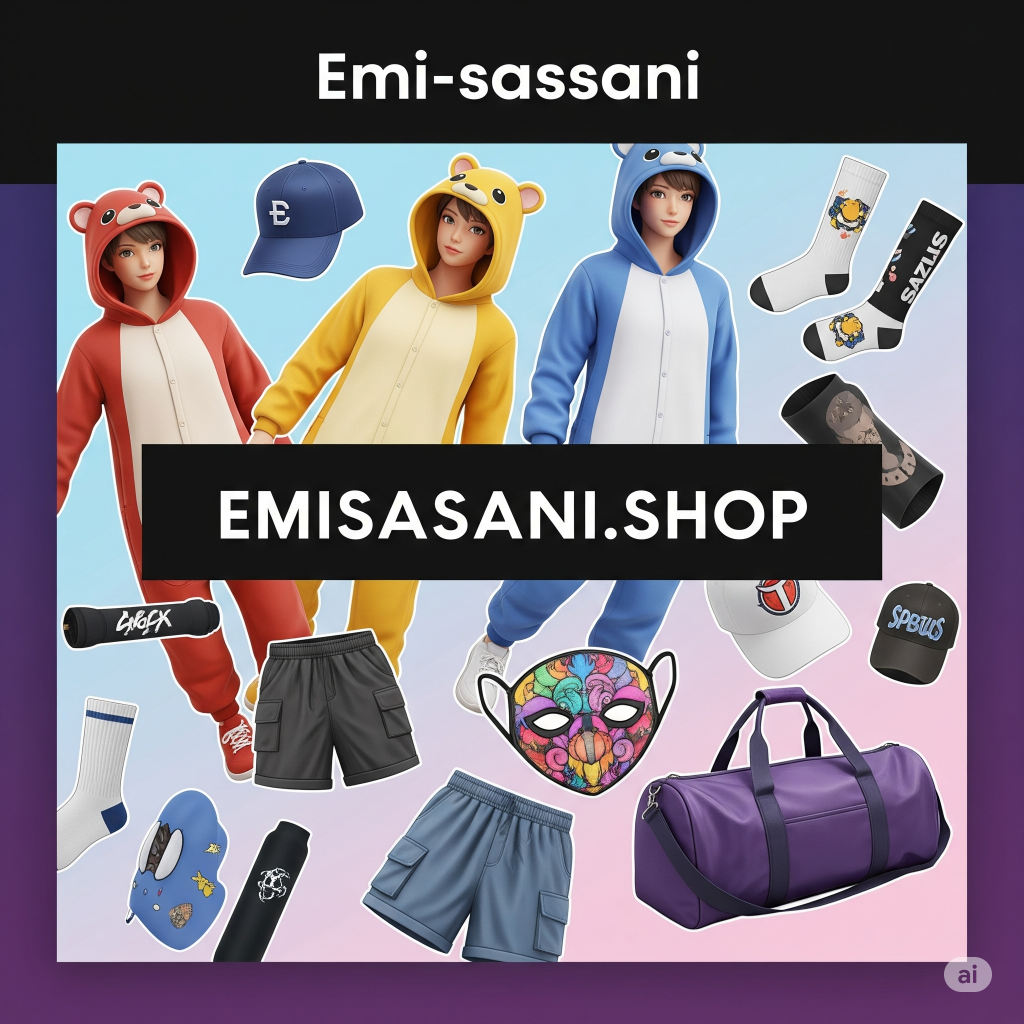 A square promotional banner for the Emi-sassani online shop, showcasing a vibrant collage of unisex products including snapback hats, animal onesies, and cosplay hoodies. Website: emisassani.shop.